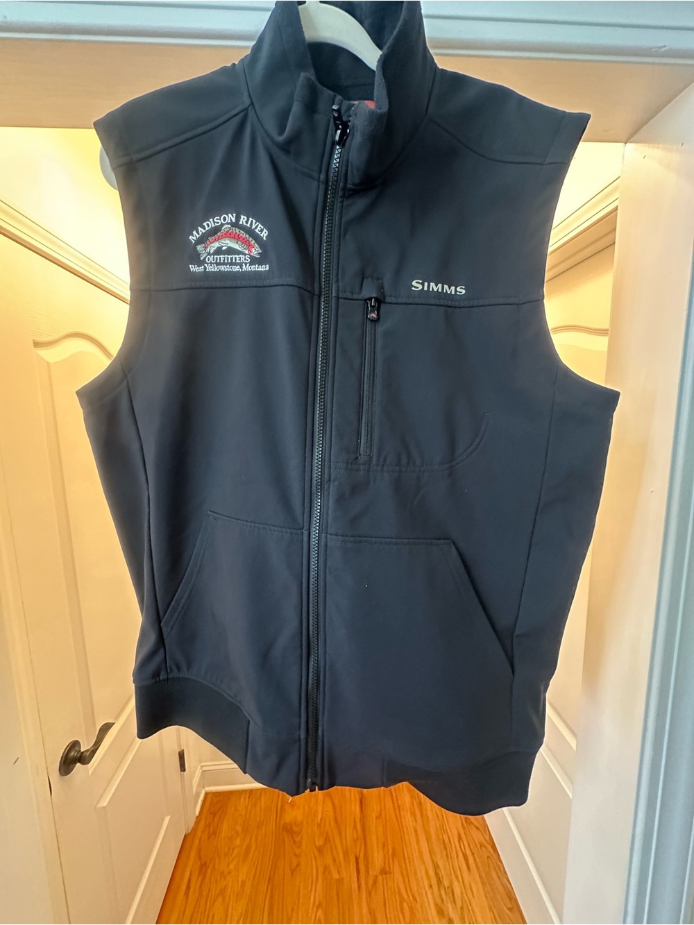 Simms Men's Black Softshell Vest with Madison River Outfitters Logo